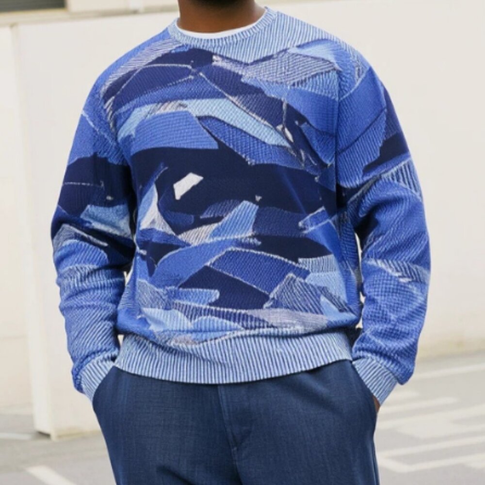 Urban Abstract Shirt Pullover Men Size 2XL Blue White Geometrical 100% Polyester